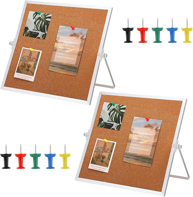 2 Pack Cork Bulletin Board, Double Sided Pin Boards with Silver Aluminum, Desktop Small Cork Boards with Stand Suitable fo...
