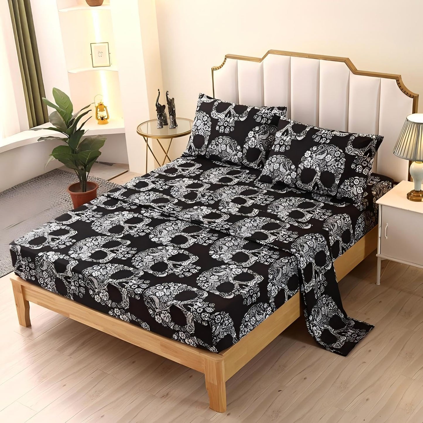 SDIII 4PCS Sugar Skull Sheets Set Full, Gothic Bedding Sheet Set, Flower Skeleton Full Size Sheet Set, Goth Skull Floral Sheets Full for Halloween