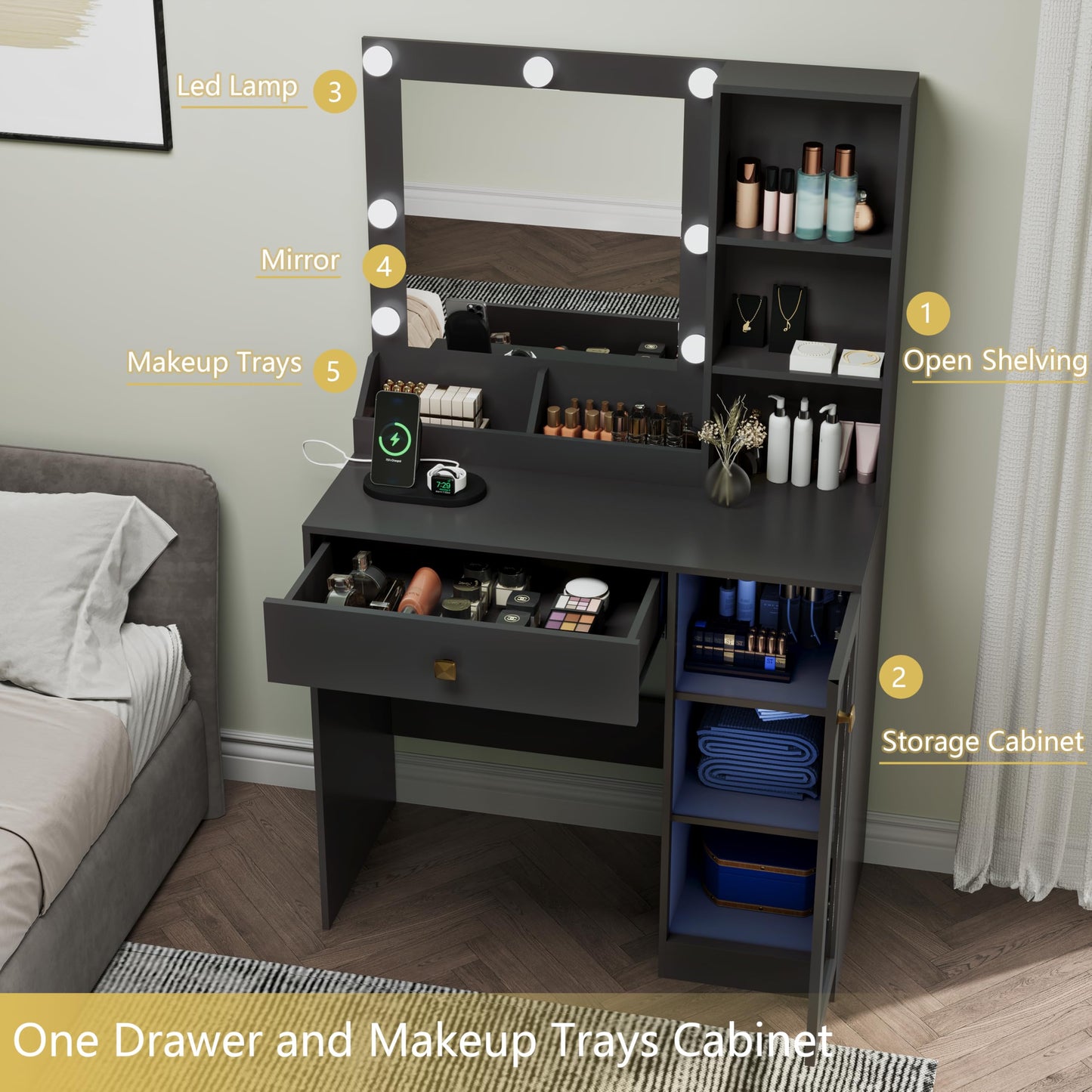 Thacuok Vanity Desk with Mirror and Lights, 33.5'' Makeup Table with Charging Station & RGB Glass Cabinet, Small Vanity with 3 Color Lighting Modes & Adjustable Brightness, Black