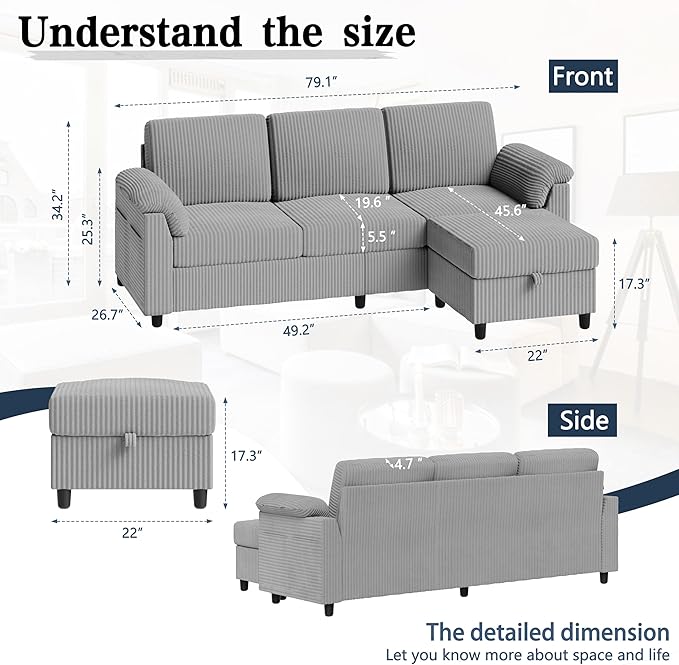 Meilocar Sectional Sofa Couch for Living Room, 79" Sectional Couches with Storage Ottoman, L Shaped Couch with Sloping Armrests Side Storage Pockage, 3-Seat Sofa Couches for Small Space, Light Grey