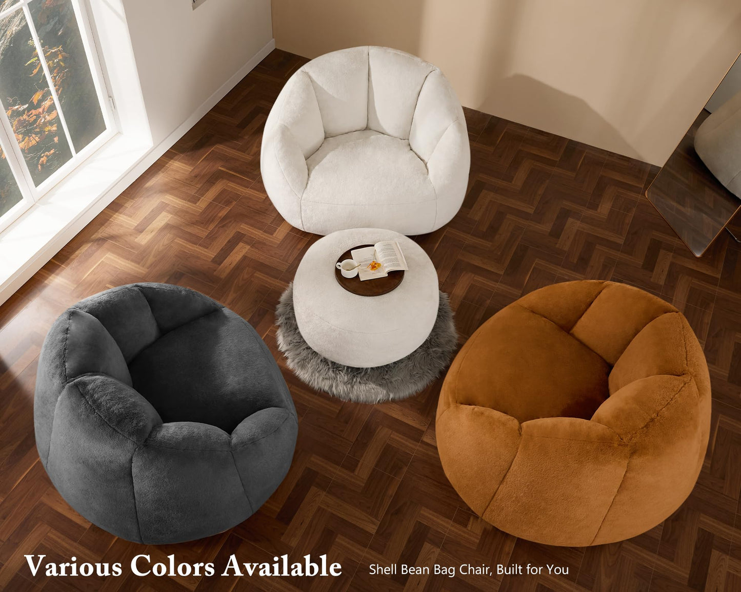 GRANDJOY Oversized Bean Bag Chair with Ottoman, Premium Foam Filling, Relaxing Lounger for Adults & Kids, Beige