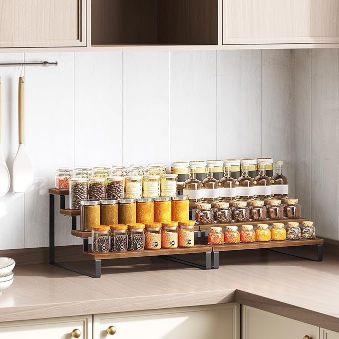 Spice Rack, 4 Tier Wooden Display Riser Stand, Kitchen Storage Organizer for Spices, Versatile Display Shelf, Space Saving, for Kitchen Countertop and Cabinet, Rustic Brown SR04L2BR
