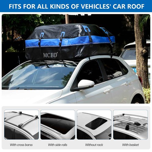 Rooftop Cargo Carrier Bag, 15 Cubic Feet Soft-Shell Waterproof Car Roof Luggage Bag for All Vehicles SUV with/Without Rails, Includes 10 Reinforced Straps + 4 Door Hooks,Storage Bag,Anti-Slip Mat,Blue