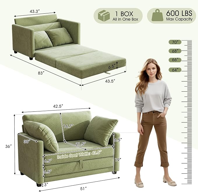 kakuboohi 51" Loveseat Sleeper Sofa Bed, Chenille Convertible Floor Sofa Bed for Small Spaces, Folding Couch Bed with Deep Seat, 2 Pillows & Solid Frame, Pull Out Floor Couch for Living Room, Green