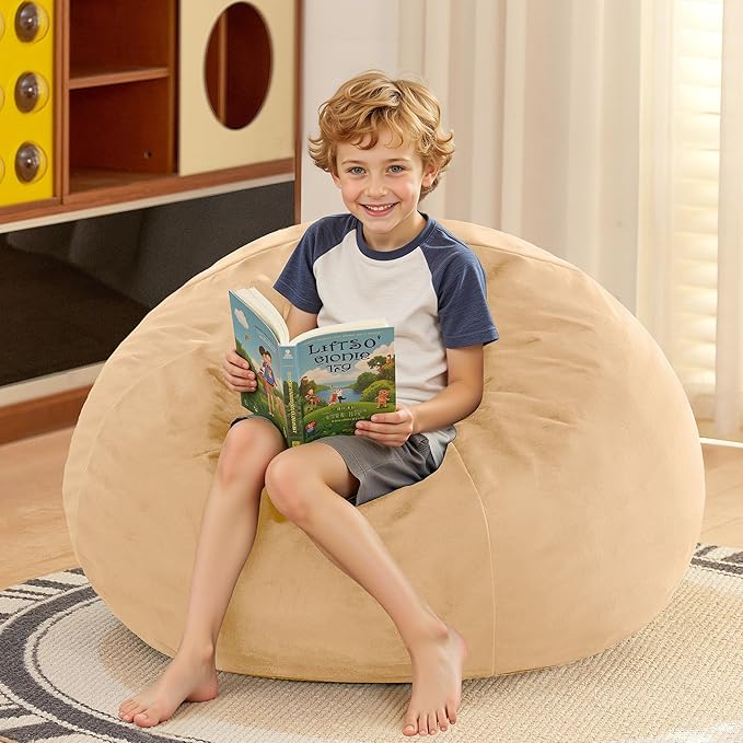 HABUTWAY 2FT Bean Bag Chair, 2' Beanbags Small Bean Bag Chairs with Filling, Teardrop Bean Bag Chair Luxurious Velvet Ultra Soft Fur with Removable Cover(Khaki)