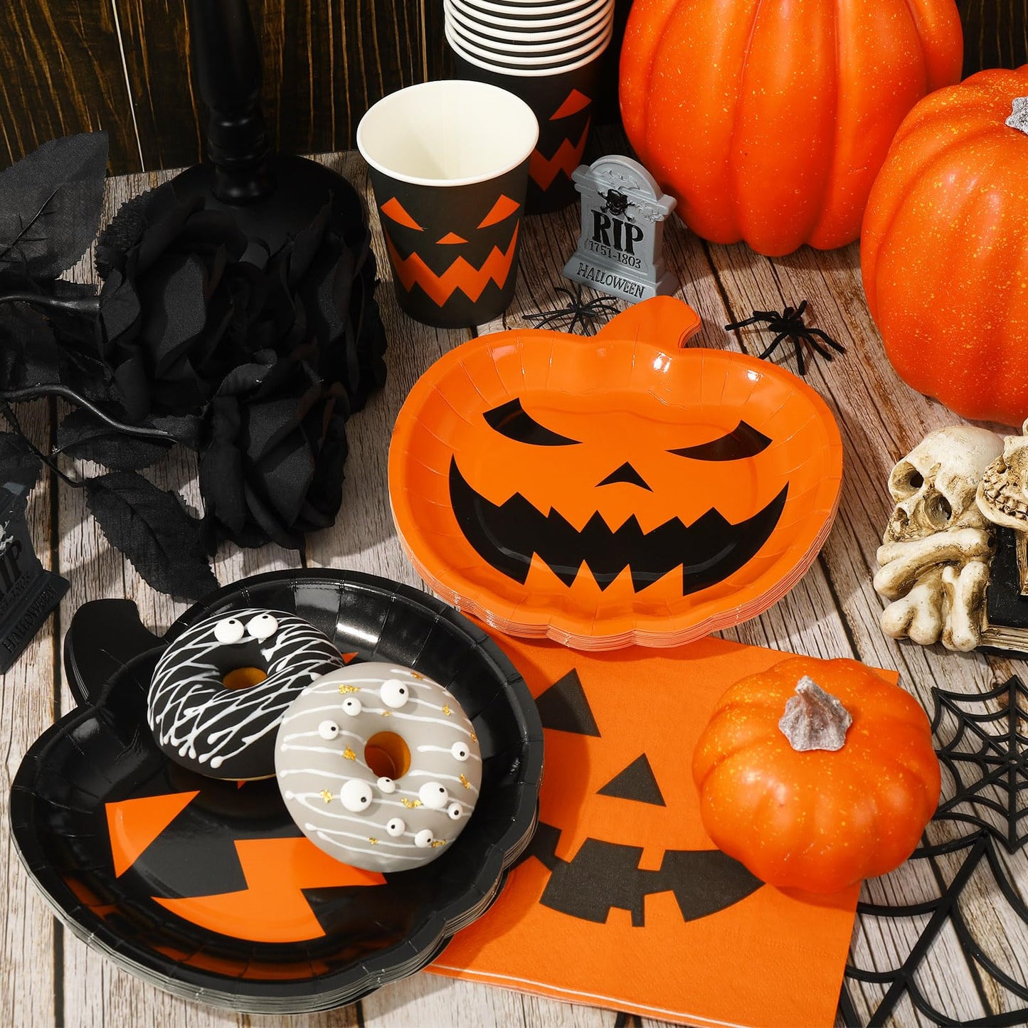 AnyDesign 72Pcs Halloween Party Dinnerware Set Orange Black Pumpkin Themed Paper Plates Cups Napkins Halloween Disposable Tableware Party Supplies for Spooky Themed Party Birthday, Serves 24 Guests