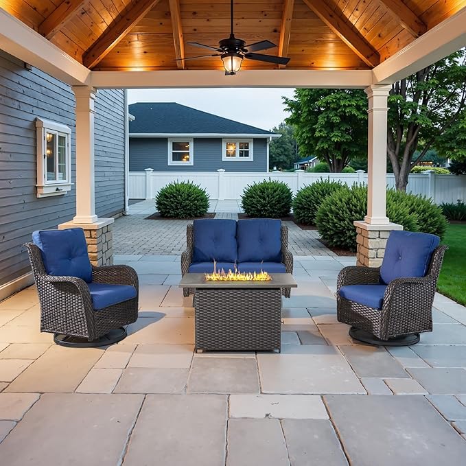 Belord 4 Piece Patio Furniture Set with Fire Pit Table - 41inch 50000 BTU Propane Fire Pit Table with High Back Loveseat Glider Chair and 2 Swivel Rocker Chair for Casual Gathering