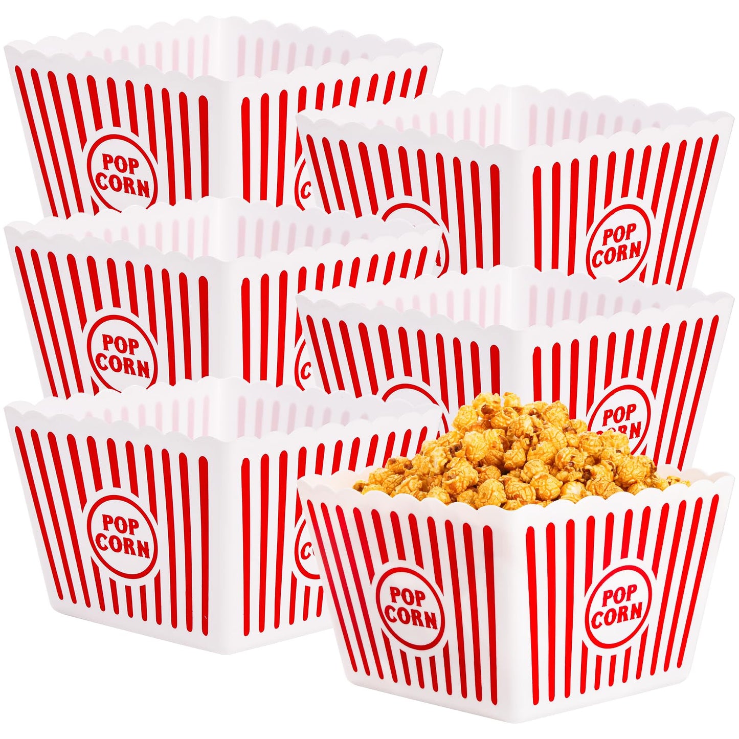 Bekith 6 Pack Plastic Popcorn Buckets Reusable, Large Popcorn Containers for Movie Night, 9" Square x 6" Tall