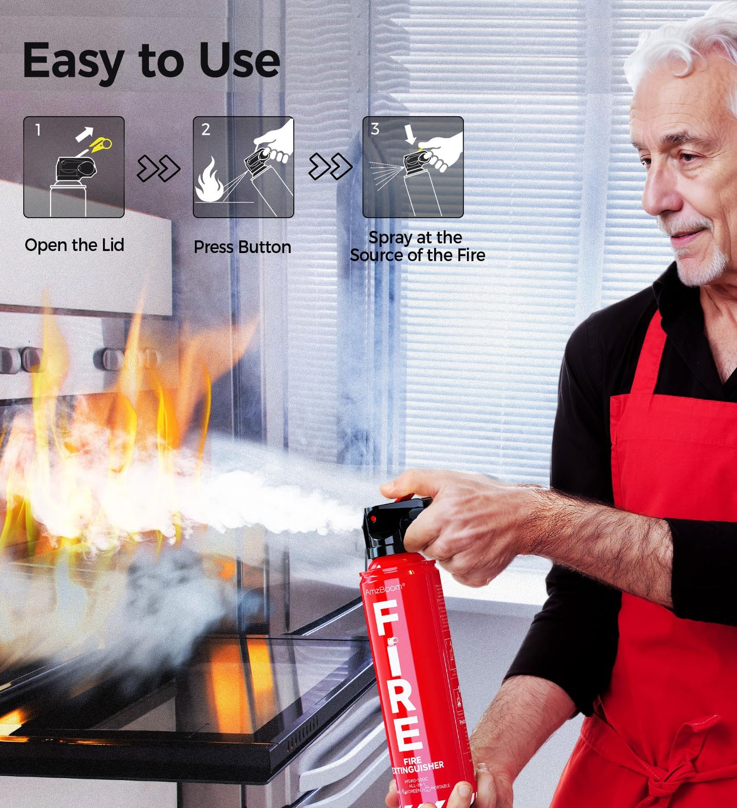 AmzBoom Fire Extinguishers Water-based for Home Kitchen, Car, & Boat 3 Pack–Portable Small Fire Spray with Mounting Brackets–A,B,C,K Multi-Purpose Fire Protection, Eco-Friendly, Compact & Easy to Use.