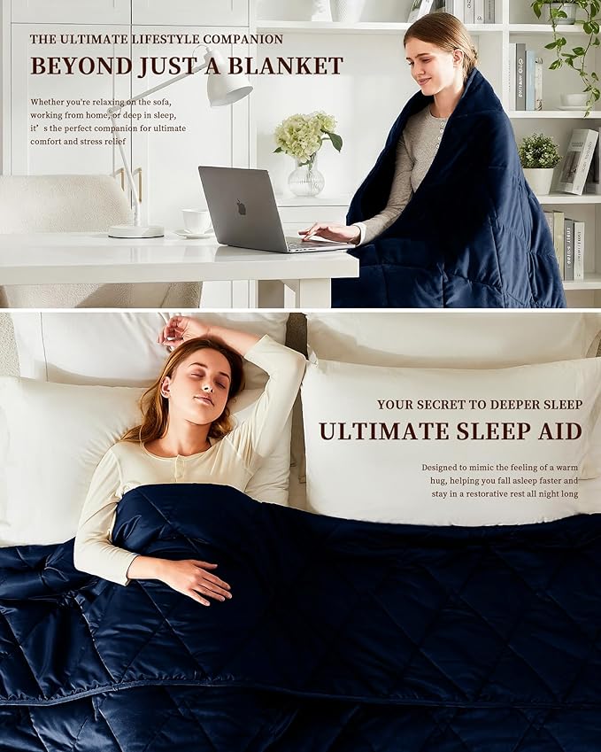 L'AGRATY Queen Size Weighted Blanket for Adults 15lbs, 60"x80" — Cooling Breathable Heavy Blanket with Glass Beads for Sleeping Perfect Hot Sleepers & Couples Machine Washable All-Season Navy Blue