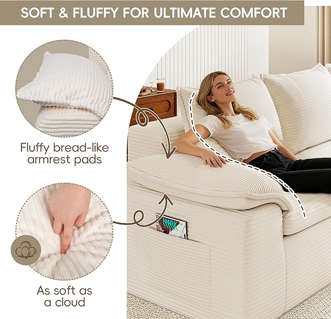 Buytime 104" Comfy Cloud Couch, Convertible Boneless Couches for Living Room, L Shaped Modular Sectional Sofa with Deep Seat, Double-Layer Cloud Cushion and Headrest, Cream Beige