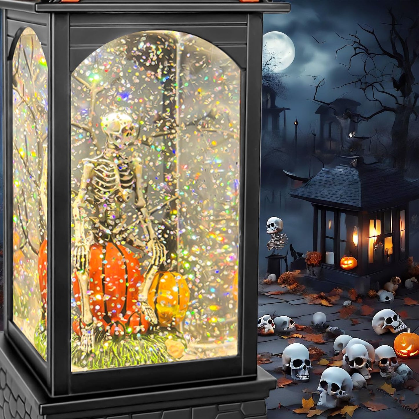 AOMIL Halloween Snow Globe Lantern, Spooky Ghost Halloween Decor, Plug-in & Battery Operated Snow Globes for Halloween Decorations Indoor