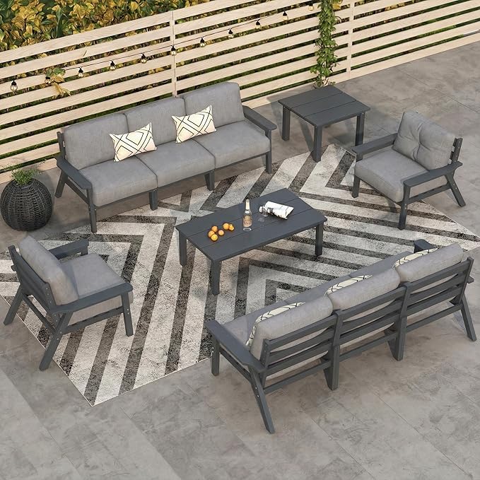 Patio Kingdom 10 Piece Outdoor Patio Furniture Set, Outdoor Couch with Washable Thick Gray Cushions, Coffee Table & Side Table, Patio Conversation Sets for Lawn, Garden, Porch, Balcon (Grey Frame)