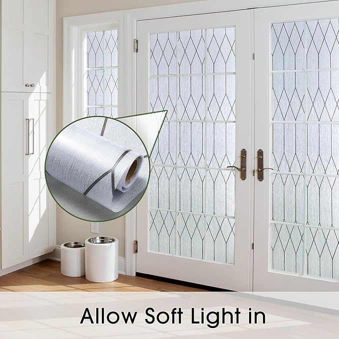 Windimiley Window Privacy Film Stained Glass Static Clings, Bathroom Frosted Leaded Decorative Window Stickers, UV Heat Blocking Opaque Removable for Home Door Coverings (23.6 x 394in,Rain)