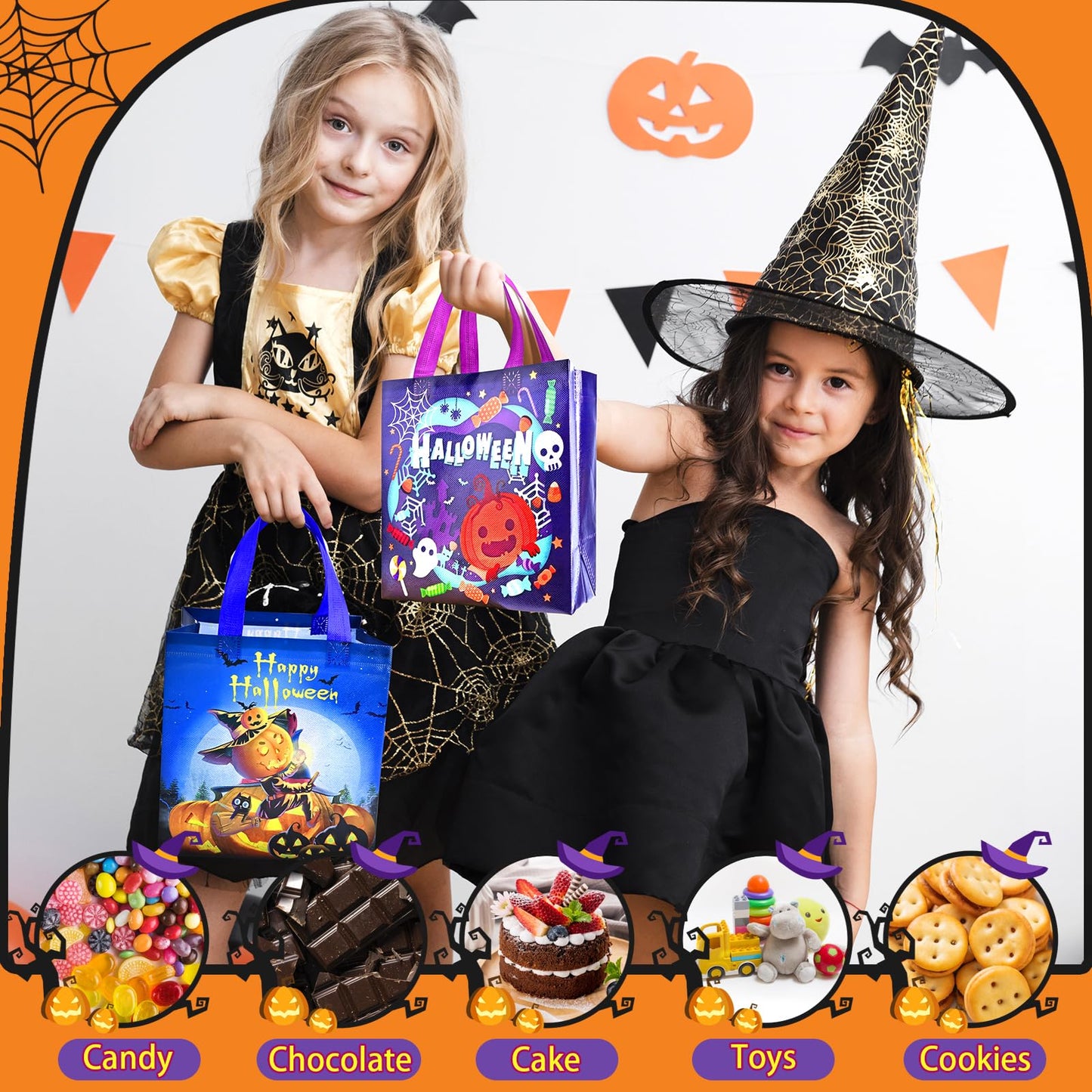 Ambandier 8PCS Halloween Trick or Treat Tote Bags with Handles，Halloween Candy Treat Bags for Kids, Non-Woven Gift Bag for Wrapping Party Decoration Supplies