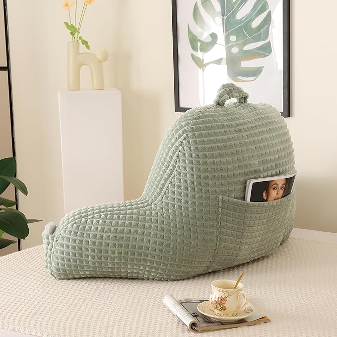 PAJEO Reading Pillow for Sitting in Bed, Large Backrest Reading Pillow with Arm Rest,Back-Rest Support Cushion for Sit Up on Couch, Sofa, and Floor, Dorm Essentials (Green Flannel, Standard(17inch))