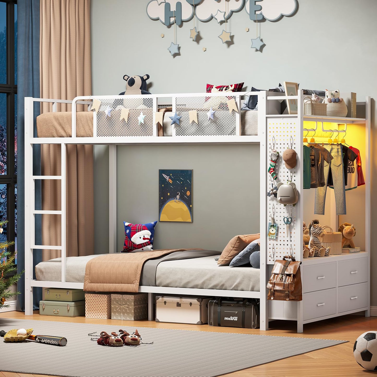 Itaar Metal Bunk Bed Twin Over Twin with Hall Tree, Power Outlet, LED Bunk Bed with 4 Storage Drawers, Bed with Safety Guardrail & Ladders, No Box Spring Needed, Easy Assembly, White
