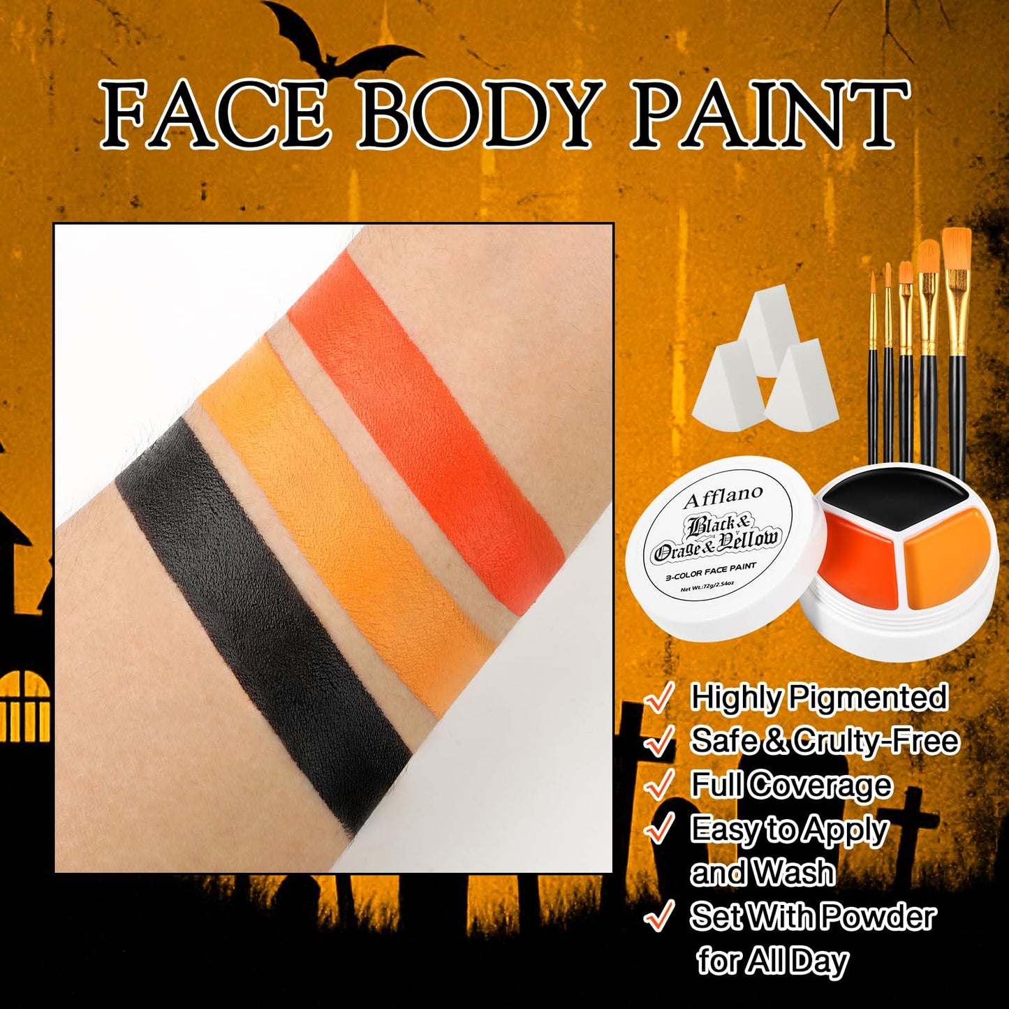 Black Orange Yellow Face Body Paint, Halloween Scarecrow Makeup Kit (3 Sponges + 5 Brushes), 9 Pcs Oil Based Non Toxic Face Pain