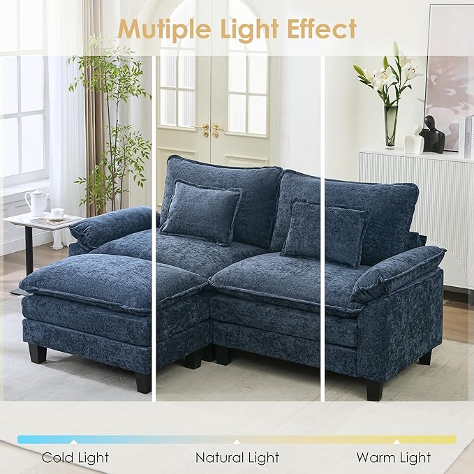 URRED Cloud Couch Modular Sectional Sofa, 87" Modern L Shaped Deep Seat Sofa with Ottoman & Pillows, Ultra Comfy Chenille Couches for Living Room, Bedroom or Apartment, Blue