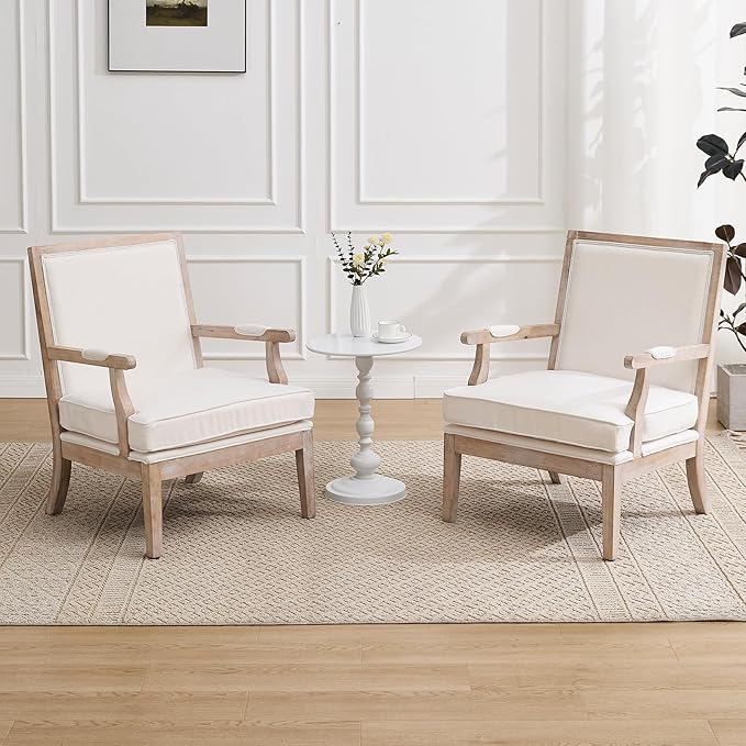DM Furniture Accent Chair Set of 2 Mid-Century Modern Living Room Chair Linen Fabric Upholstered Lounge Armchair with Solid Wood Frame & Removable Cushion for Living Room, Bedroom, Balcony, Beige