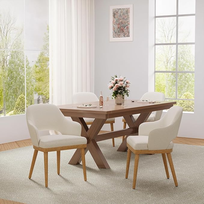 MALOL Wooden Dining Chairs Set of 4, Modern Fabric Upholstered Dining Room Chair, Kitchen Side Chairs, Farmhouse Dinner Chair with Open Back for Kitchen, Beige