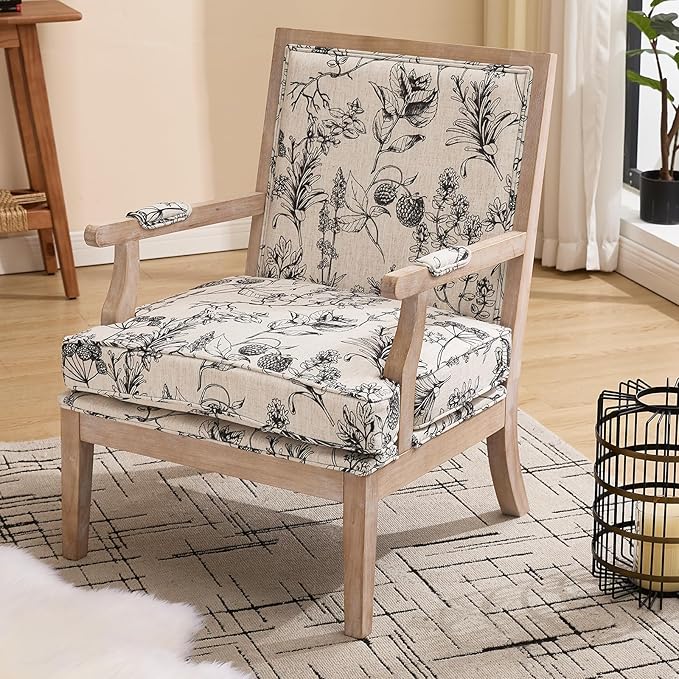 DM Furniture Floral Accent Chair Mid-Century Modern Living Room Chairs Upholstered Fabric Reading Chair Lounge Armchair with Solid Wood Frame & Removable Cushion for Bedroom, Balcony, Floral Pattern