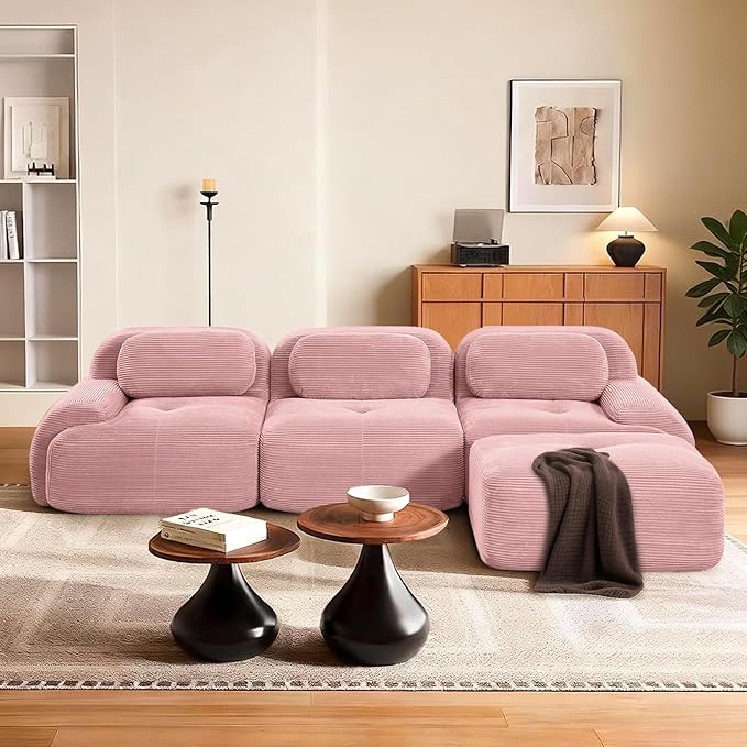 SoarFlash 117" Modern L-Shaped Modular Sectional Sofa for Living Room, Corduroy Upholstery Oversized 3-Seater Couch with Deep Seat and Movable Ottoman-No Assembly, Pink