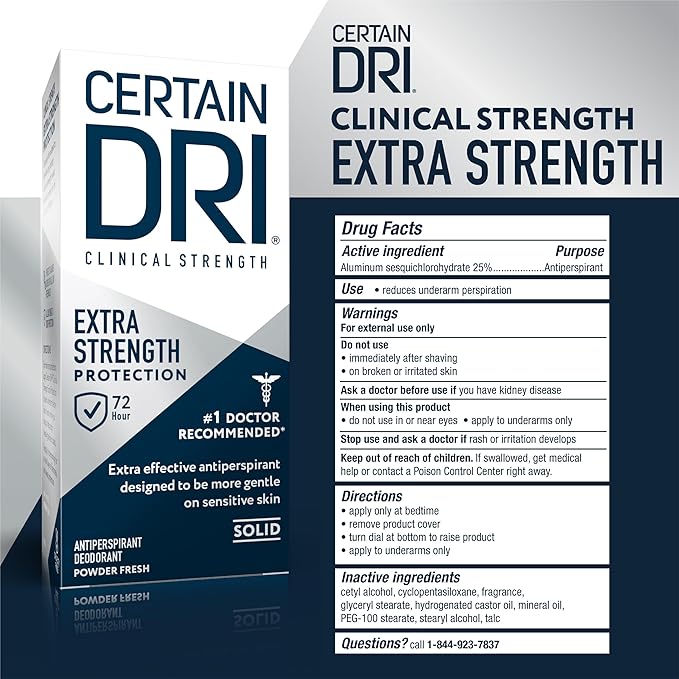 Certain Dri Extra Strength Clinical Solid Antiperspirant, 72-Hour Sweat & Odor Protection for Hyperhidrosis, Maximum-Strength, Powder Fresh Scent, 1.7 oz, (Pack of 1)