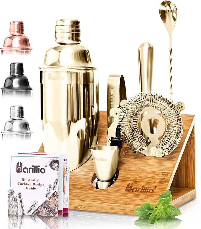 Barillio Gold Bartender Kit - Stainless-Steel Cocktail Shaker Set w/Bamboo Stand - Mixology Bar Tools w/Shaker, Drink Mixe...
