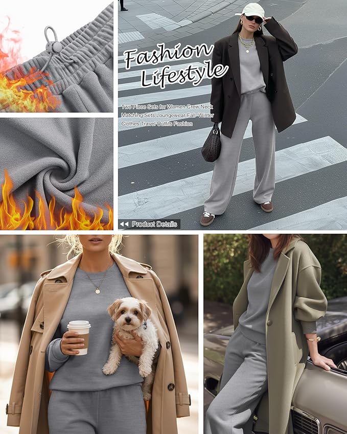 Sweetyweee Women's 2 Piece Outfits Set Fleece Lined Lounge Sweatsuit Crewneck Pullover Top Wide Leg Pants Casual Tracksuit