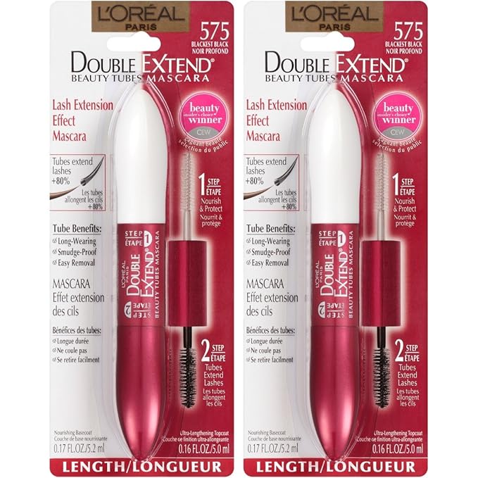 L'Oreal Paris Makeup Double Extend Tubing Mascara, Lengthening 2 Step Mascara, Smudgeproof, Blackest Black, Pack of 2