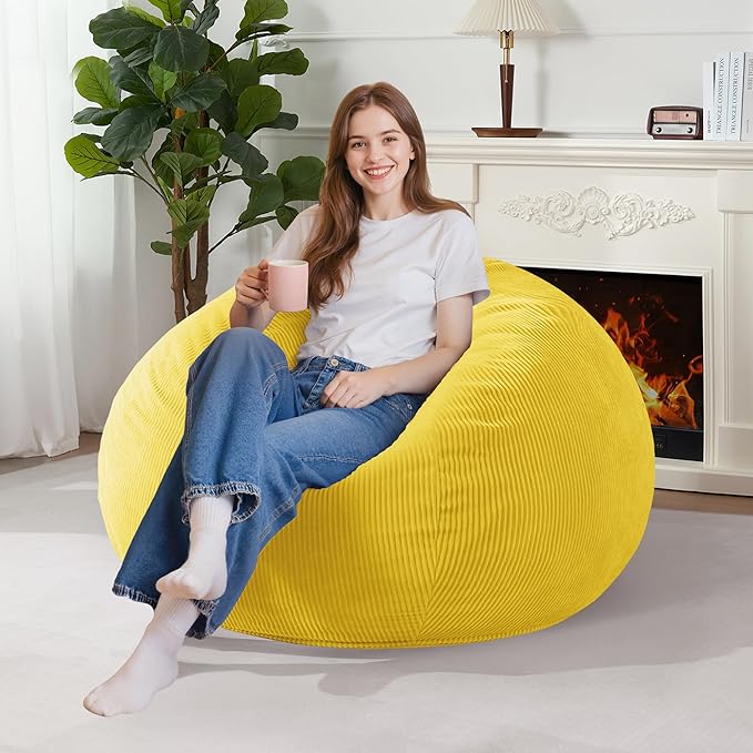 Homguava 3.5FT Bean Bag Chair: Teardrop Bean Bags with Memory Foam Filled, Compact Beanbag Chairs Soft Sofa with Corduroy Cover (Yellow)