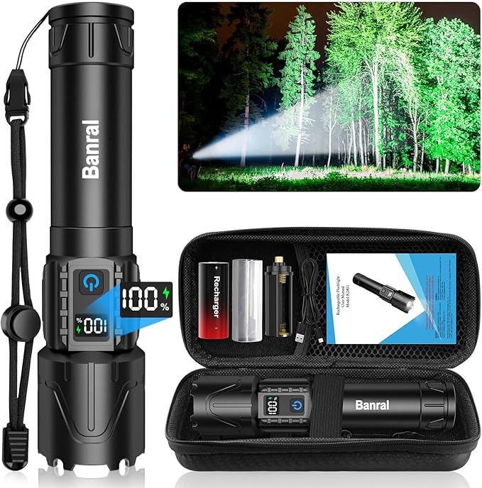 Banral Rechargeable Tactical Flashlights 2000 High Lumens - 5000mAh Super Bright LED Powerful Flash Light, Waterproof Hand...