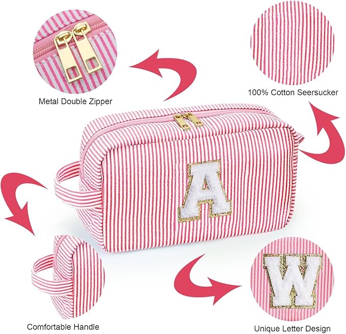 YOOLIFE Initial Makeup Bag for Women - Monogram Cute Pink Makeup Bag Cosmetic Toiletry Pouch Make Up Case for Women Her Best Friend Friendship Sister Teacher, Personalized Birthday Gifts for Women H