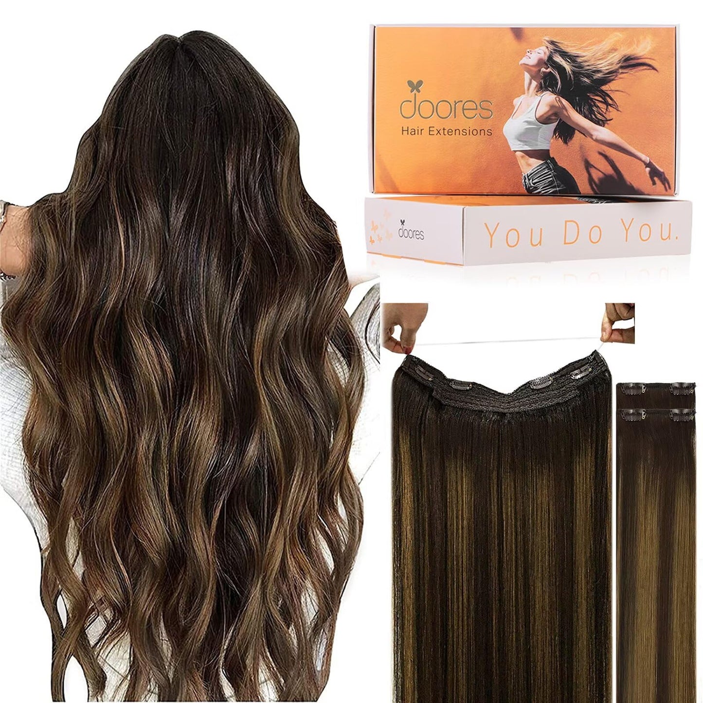 DOORES Wire Hair Extensions, Balayage Chocolate Brown to Honey Blonde 12 Inch 70g Fish Line Weft Extensions and 2pcs 30g Clip in