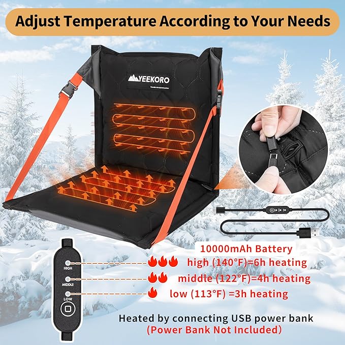 YEEKORO Inflatable Heated Stadium Seats, Portable Bleacher Seat with Back Support, Foldable and Lightweight Stadium Chair for Sporting Events Camping Games Sports, Seat Cushion with 3 Levels of Heat