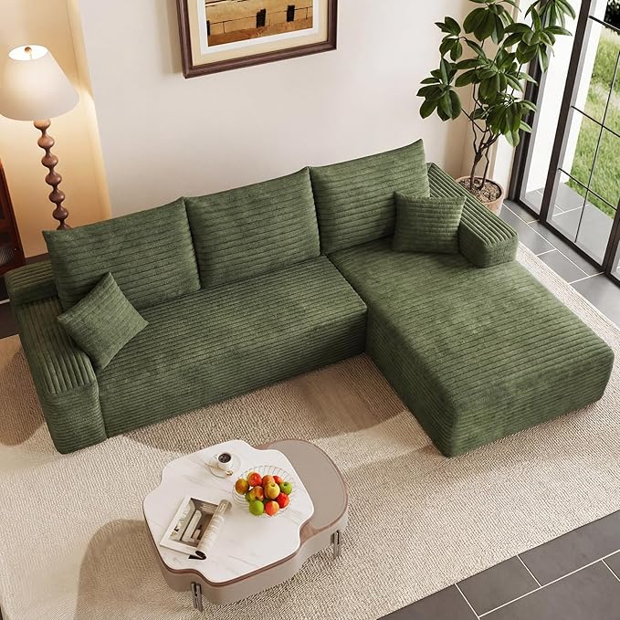95" Cloud Sectional Couch with L-Shape Chaise, Modern Corduroy Boneless Couch for Living Room,Memory Foam Sofa with Deep Seat,No Assembly Required (Green,Right-Facing Chaise)