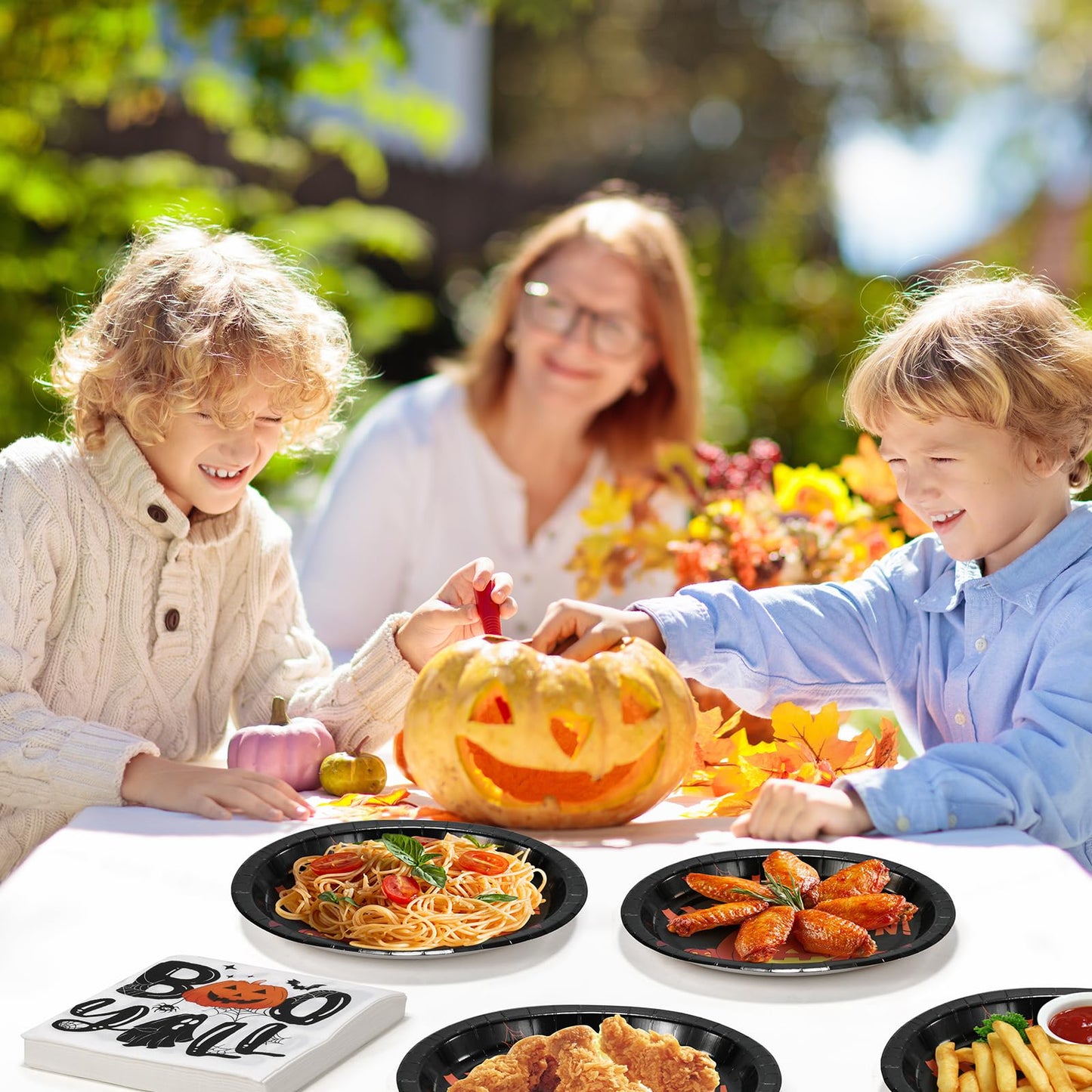FATLBSEV 50Pcs Halloween Oval Paper Plates and Napkins Sets -10" x 12" Large Disposable Party Plates and 6.5'' Napkins for Halloween Party Supplies