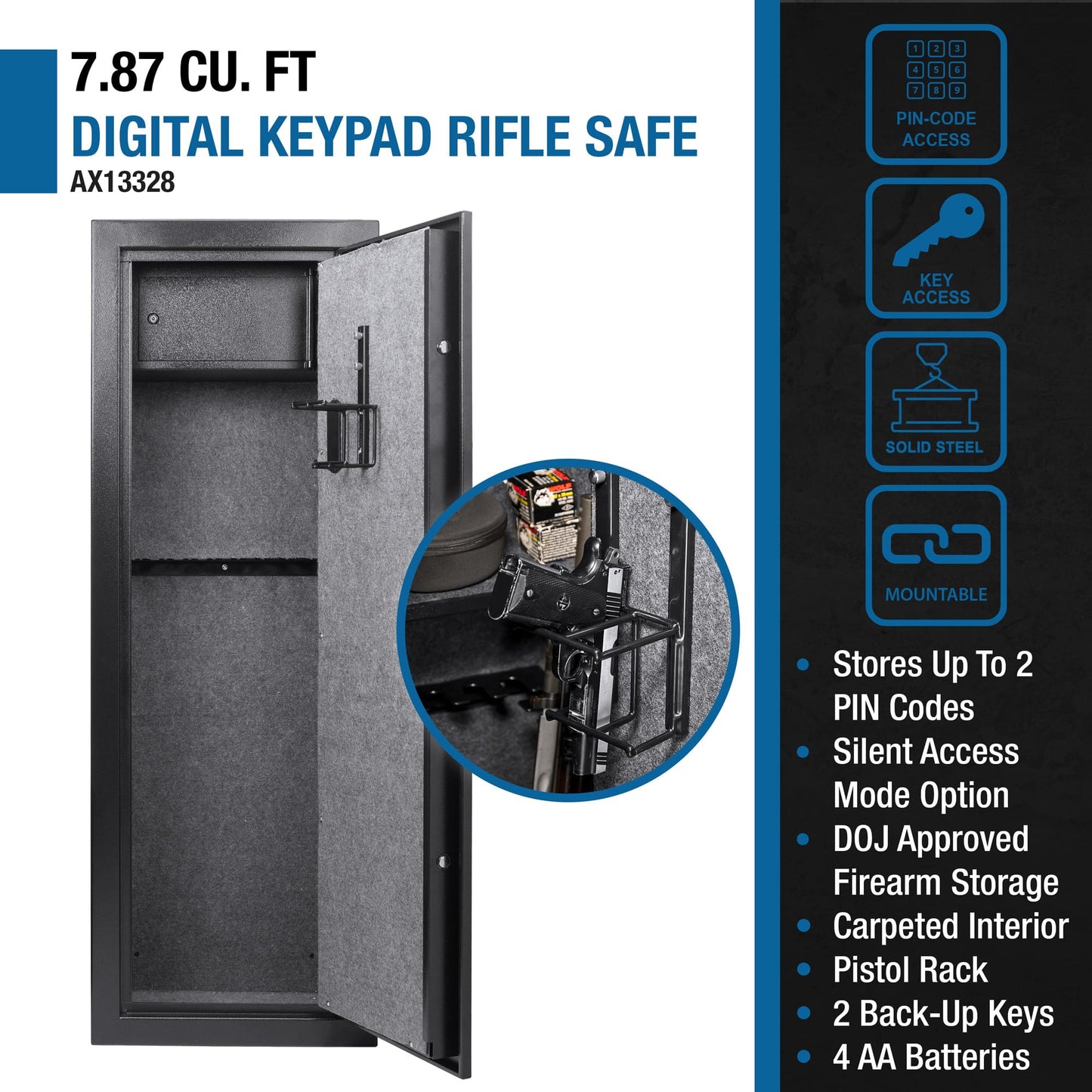 Barska 7.87 Cu Ft DOJ Certified Digital Keypad Rifle Safe – 14 Rifle & 2 Handgun Capacity, 3-Point Deadbolt, Anti-Pry Hinges, Silent Access, Backup Keys, Mounting Hardware