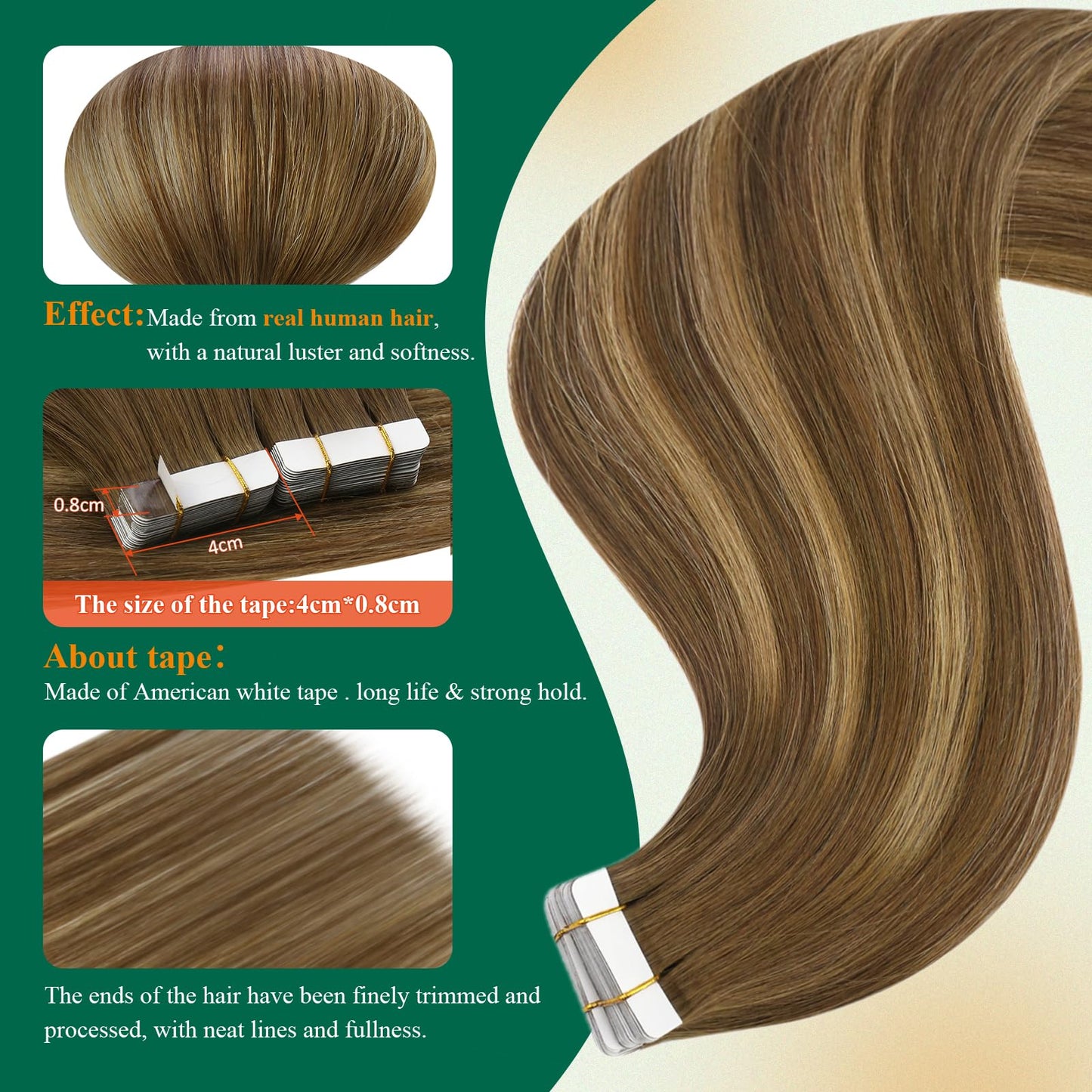 Easyouth Long Tape in Hair Extensions Balayage Brown Tape ins Human Hair Extensions Brown Ombre Caramel Blonde Tapes in Extensio