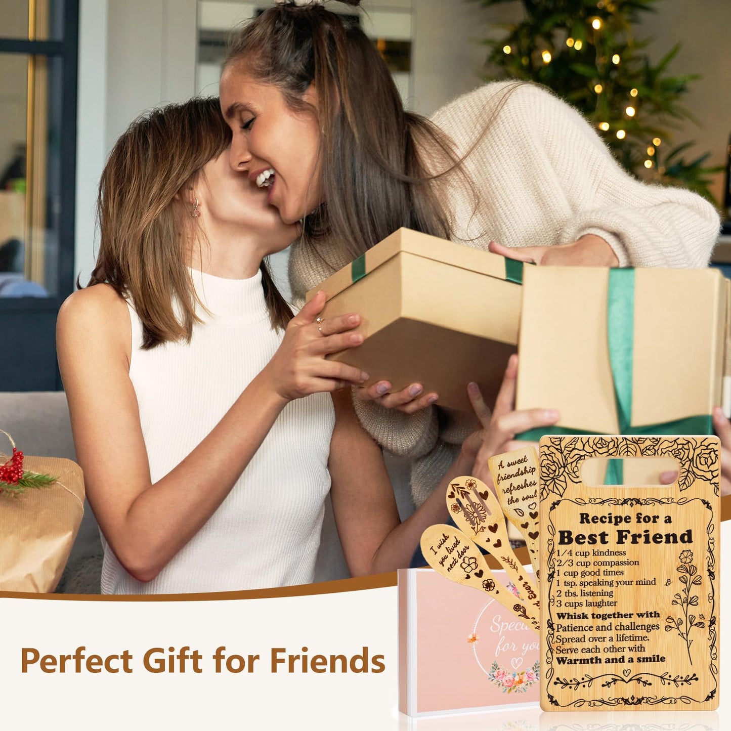 Best Friend Birthday Gifts Cutting Board Set, "Recipe for a Best Friend" Friendship Gifts for Woman Engraved Utensil Friends Gifts for Women Bff Bestie Soul Sister Birthday Mothers Day