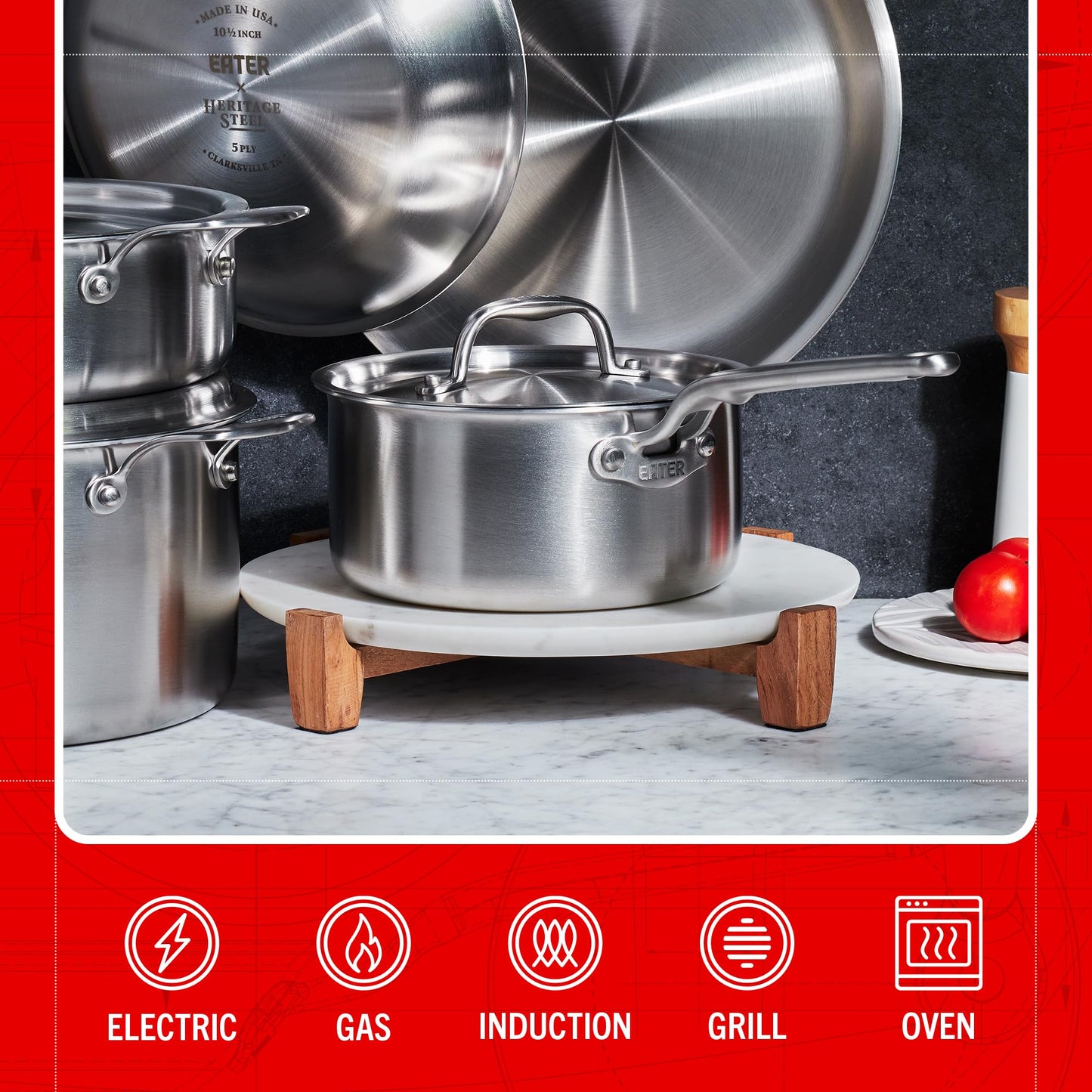 Heritage Steel Eater Series 10 Piece Cookware Set | Made in USA | 5 Ply Fully Clad Stainless Steel Cookware Set | Stay Cool Handle | Induction Ready & Non-Toxic