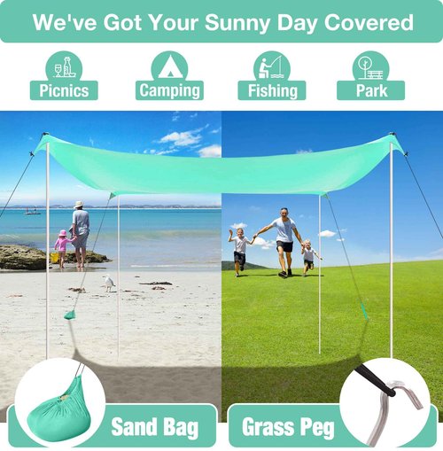 ADesign Windproof Beach Tent Sun Shelter with 8 Sandbags, Large Family Sun Shade with Sand Shovel, UPF50+, 6.3 FT Tall, Outdoor Easy Setup Beach Canopy for Vacation, Camping, Picnics
