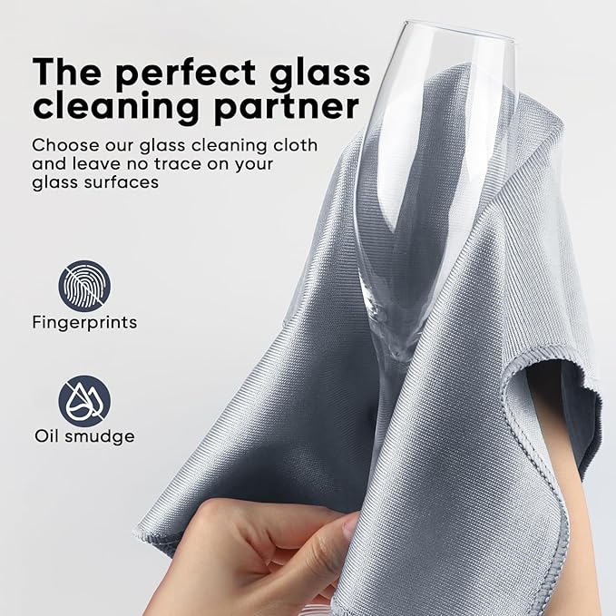HOMEXCEL Microfiber Glass Cleaning Cloth 12 PK, Lint Free Streak Free, Reusable Cleaning Cloth for Cleaning Windows, Glasses, Mirrors, Screens, Stainless Steel, and More Grey-12”×12”