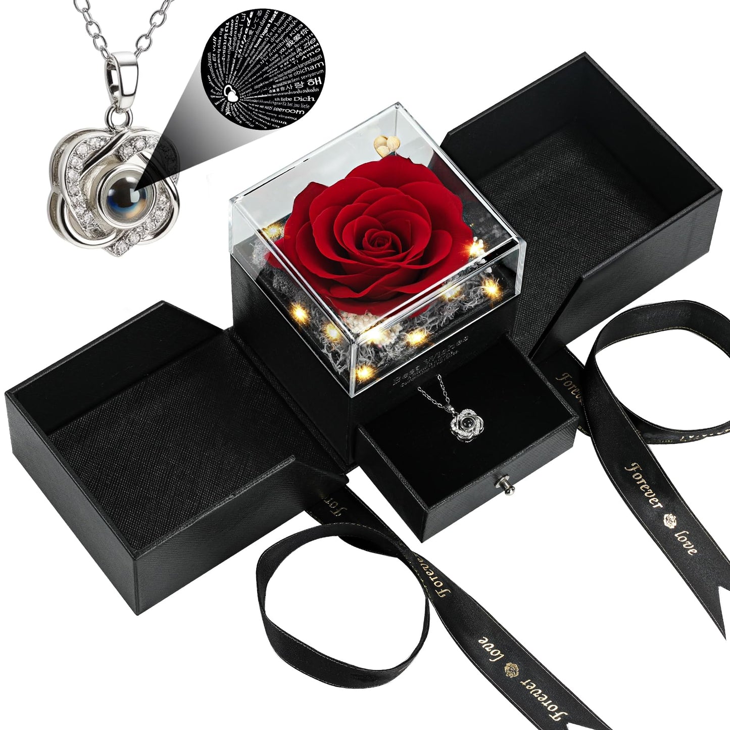 Preserved Real Red Rose with I Love You Heart Necklace 100 Languages - Eternal Flowers Rose Birthday Gifts for Women, Wife, Mom, Girlfriend - Valentine's Mother's Day Christmas Gift