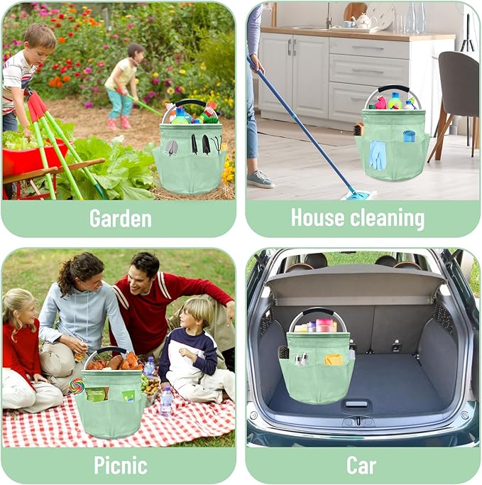 Qivine 17L Cleaning Caddy with Handle, Cleaning Supply Caddy Foldable Tool Bag Cleaning Products Organizers Portable Cleaning Bucket Organiser for Storing Towels (Clear Green)