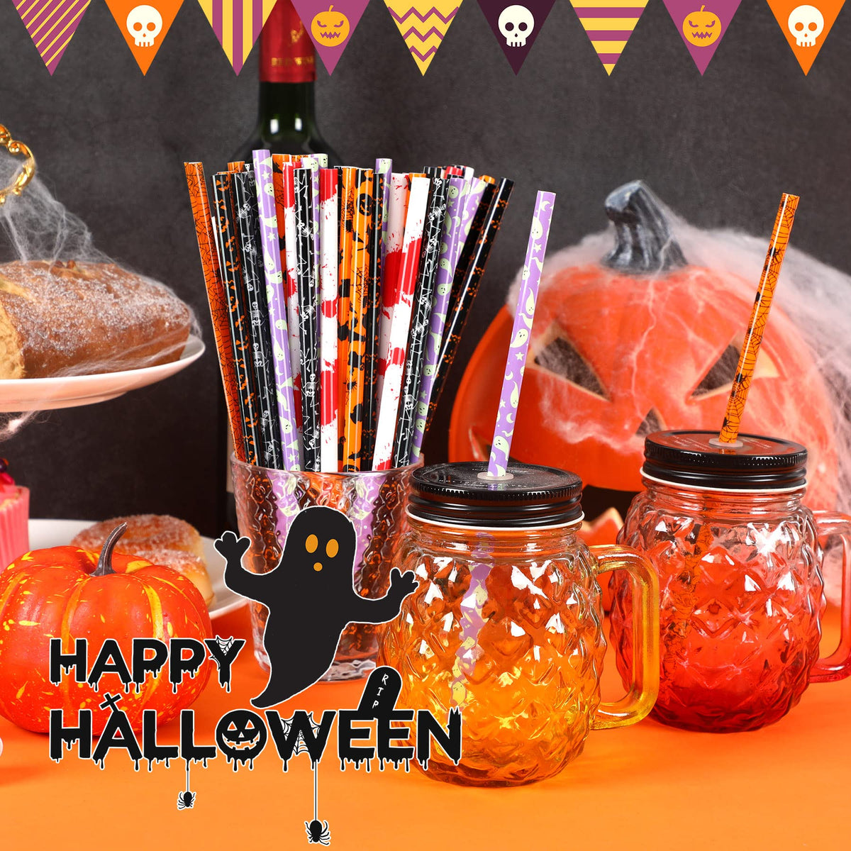 JANYUN 30 Pcs Halloween Reusable Straws 9inch Pumpkin Bat Skeleton Spider Printing Hard Plastic Drinking Straw for Mason Jar Tumbler Family Party Favors Cleaning Brush