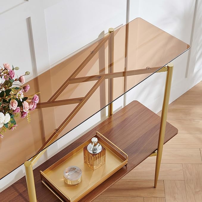 Pine Flicker Rectangle Glass Console Table, Mid-Century Modern Design, L41*W14*H32 inch, for Living Room, Amber Glass Top and Walnut Finish Wood Shelf, Conical Metal Legs with Gold Finish