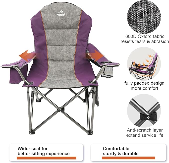 LANMOUNTAIN Camping Chairs for Adults,High Back Folding Camp Chair with Cup Holder and Cooler Bag,Heavy Duty Outdoor Lawn Chairs,Perfect for Camping,Hiking,Picnics,and Beach Trips,Purple