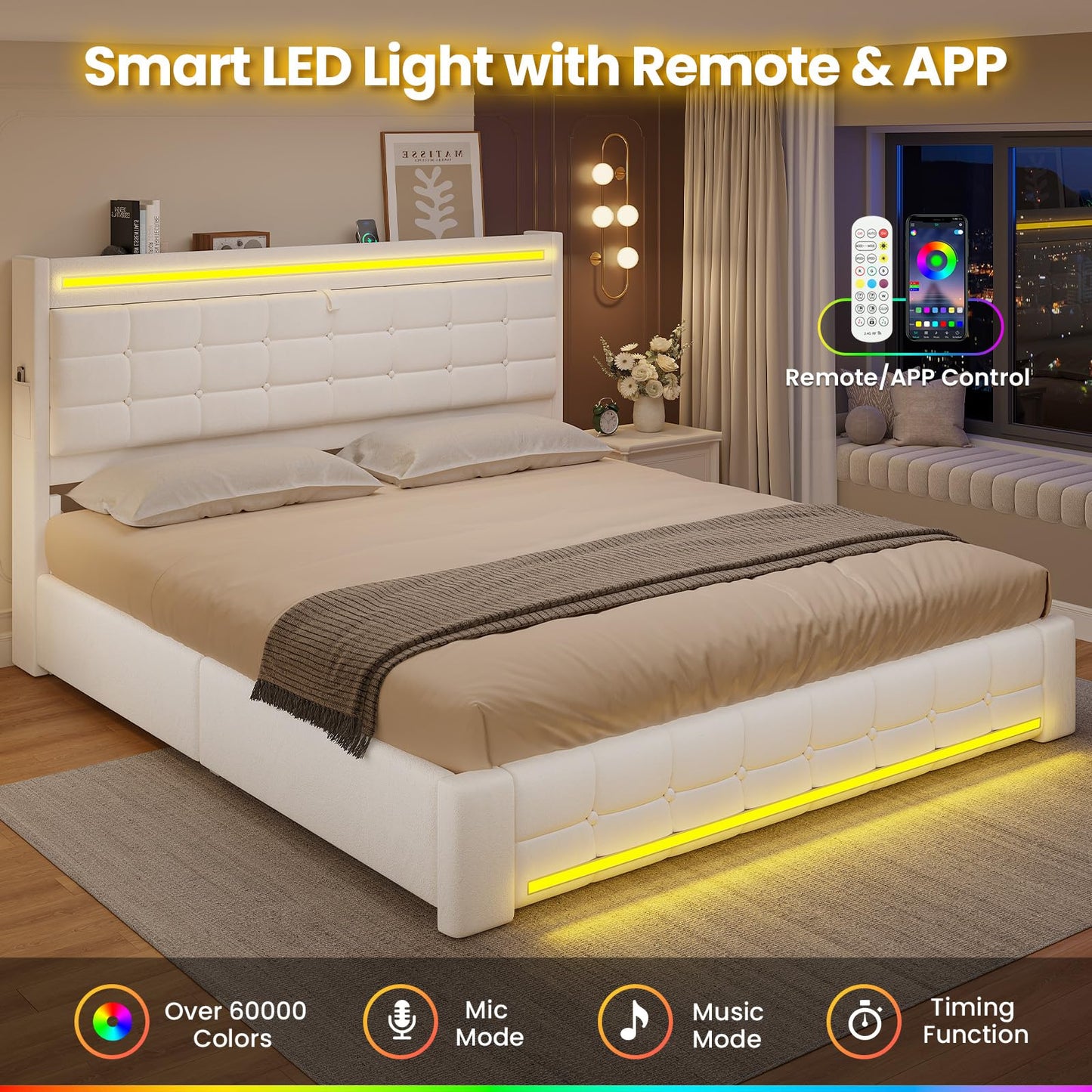 ADORNEVE King Bed Frame with Storage Headboard & 4 Drawers, LED Bed Frame King with Charging Station, Leather Upholstered Platform Bed Frame with Button Tufted, No Box Spring Needed, Creamy White